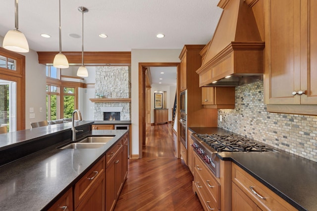 9726 Whistling Valley Rd, Lake Elmo, MN 55042 - kitchen featuring custom exhaust hood, a sink, dark wood-type flooring, dark countertops, and tasteful backsplash