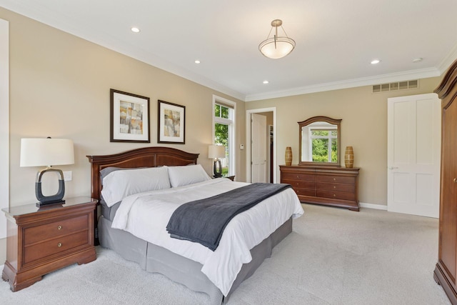 9726 Whistling Valley Rd, Lake Elmo, MN 55042 - bedroom featuring ornamental molding, light carpet, recessed lighting, and baseboards