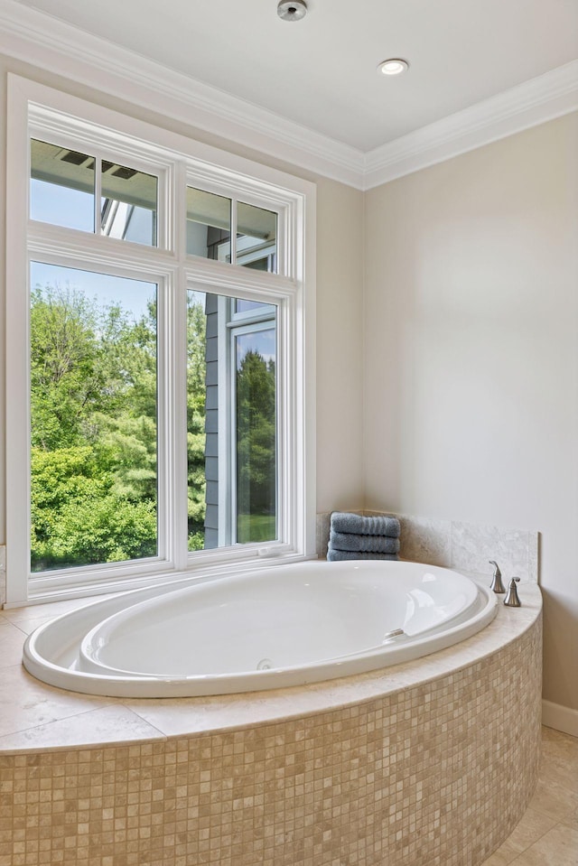 9726 Whistling Valley Rd, Lake Elmo, MN 55042 - full bath with healthy amount of natural light, a garden tub, and ornamental molding