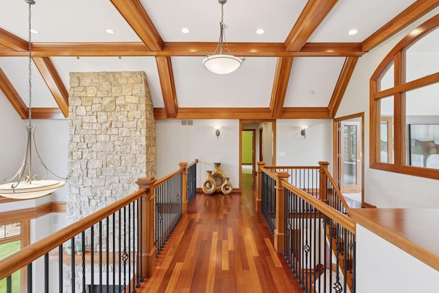 9726 Whistling Valley Rd, Lake Elmo, MN 55042 - corridor featuring an upstairs landing, beamed ceiling, wood finished floors, coffered ceiling, and recessed lighting