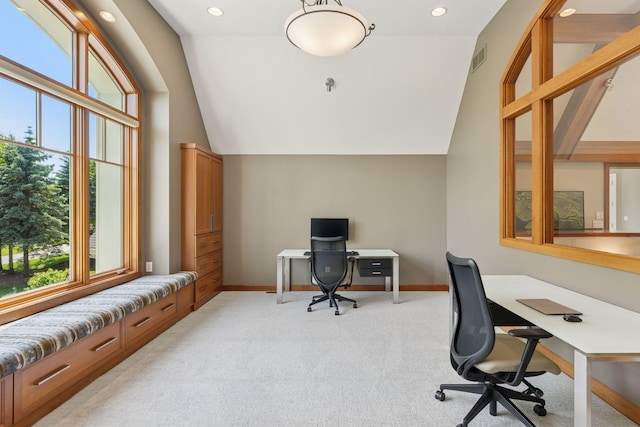 9726 Whistling Valley Rd, Lake Elmo, MN 55042 - home office featuring light carpet, recessed lighting, baseboards, and vaulted ceiling