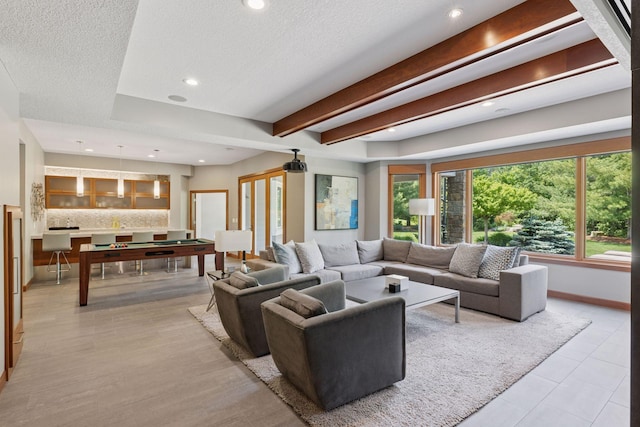 9726 Whistling Valley Rd, Lake Elmo, MN 55042 - living room featuring pool table, recessed lighting, baseboards, beamed ceiling, and a textured ceiling