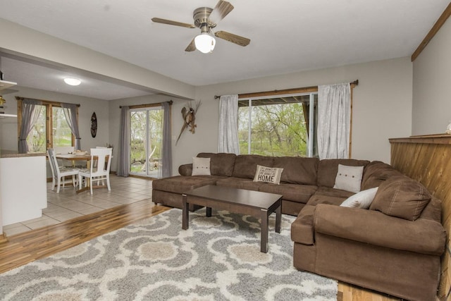 living room featuring a ceiling fan and wood finished floors