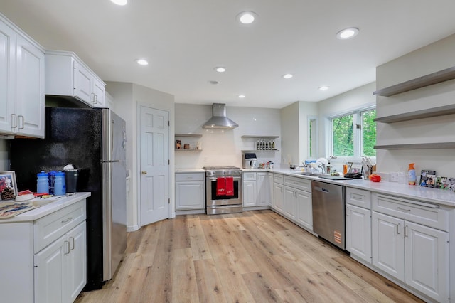 655 Trails End Rd, Minnetrista, MN 55364 - kitchen featuring stainless steel appliances, open shelves, wall chimney exhaust hood, white cabinetry, and recessed lighting