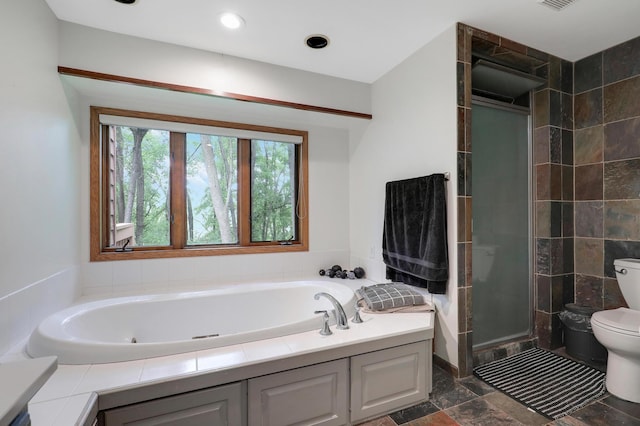 655 Trails End Rd, Minnetrista, MN 55364 - bathroom with toilet, a whirlpool tub, tiled shower, and stone finish flooring