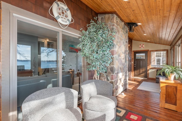 3008 Highland Blvd, Mound, MN 55364 - living area with wood ceiling, wood-type flooring, healthy amount of natural light, and vaulted ceiling