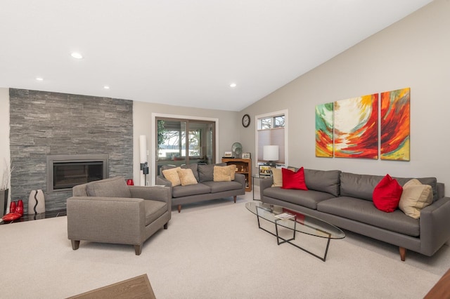 3008 Highland Blvd, Mound, MN 55364 - living room featuring recessed lighting, a fireplace, carpet, and lofted ceiling