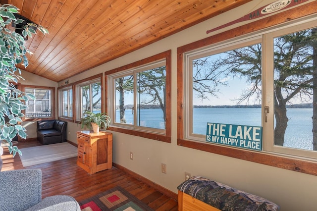 3008 Highland Blvd, Mound, MN 55364 - sunroom with a water view, lofted ceiling, hardwood / wood-style floors, baseboards, and wood ceiling
