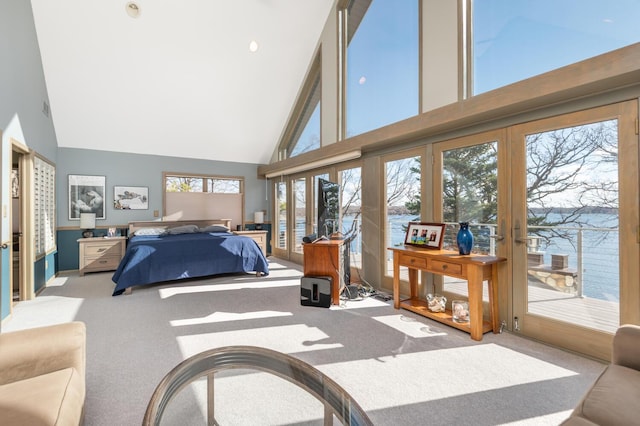 3008 Highland Blvd, Mound, MN 55364 - bedroom with french doors, high vaulted ceiling, access to outside, carpet, and a water view
