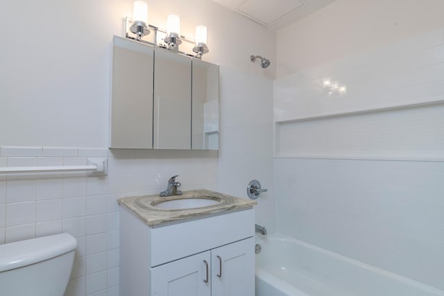 full bathroom with toilet, bathtub / shower combination, and vanity