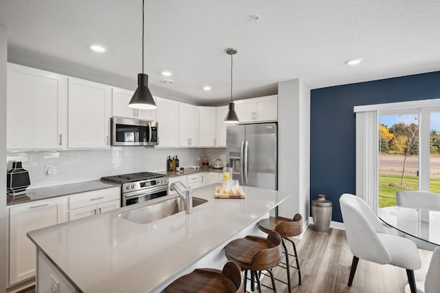1083 151st St W, Rosemount, MN 55068 - kitchen featuring stainless steel appliances, light wood-type flooring, tasteful backsplash, baseboards, and a breakfast bar area