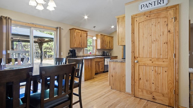 kitchen featuring light wood-style floors, dishwasher, dark countertops, lofted ceiling, and hanging light fixtures