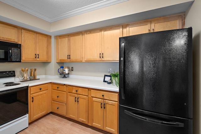 15625 24th Ave N Unit G, Plymouth, MN 55447 - kitchen with black appliances, ornamental molding, light wood-type flooring, light countertops, and a textured ceiling