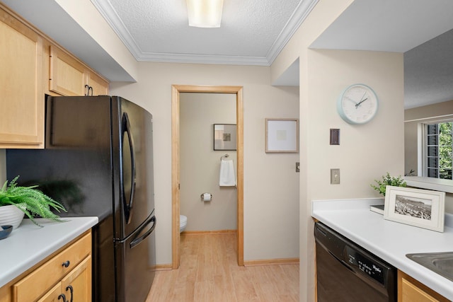 15625 24th Ave N Unit G, Plymouth, MN 55447 - kitchen with black appliances, light wood-type flooring, light brown cabinetry, a textured ceiling, and light countertops