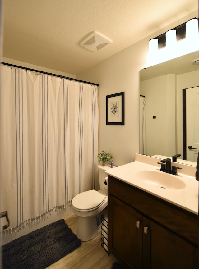 bathroom with vanity, toilet, and wood finished floors
