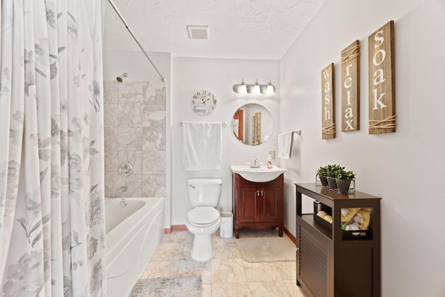 bathroom with a textured ceiling, shower / bath combination with curtain, visible vents, vanity, and toilet