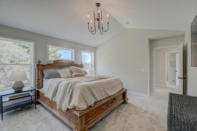 11422 34th St N, Lake Elmo, MN 55042 - bedroom with a chandelier, lofted ceiling, light colored carpet, and baseboards