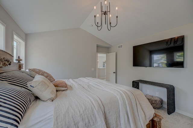 11422 34th St N, Lake Elmo, MN 55042 - bedroom with light colored carpet, lofted ceiling, and a chandelier