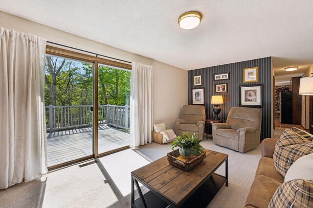 14704 Glendale Ave SE, Prior Lake, MN 55372 - living room featuring carpet, an accent wall, and a textured ceiling