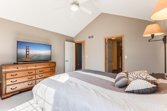 bedroom with visible vents, high vaulted ceiling, light colored carpet, and a ceiling fan