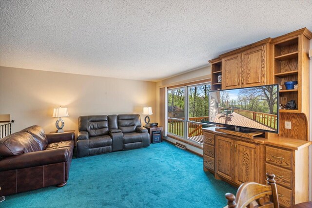 living area featuring a textured ceiling and carpet