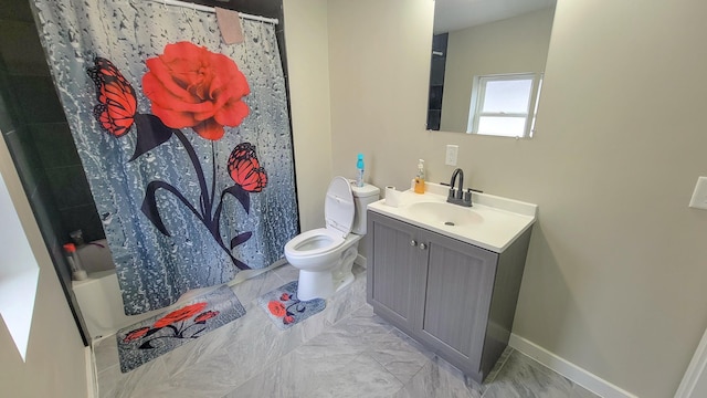 1023 17th Ave SE, Minneapolis, MN 55414 - full bathroom with vanity, toilet, baseboards, shower / bath combo, and marble finish flooring
