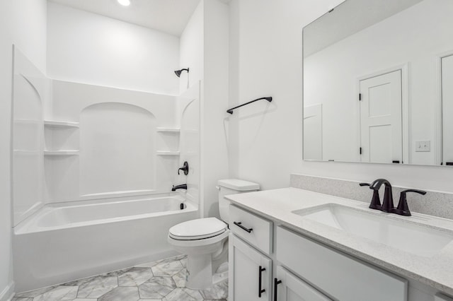 bathroom featuring toilet, recessed lighting, marble finish floor, vanity, and tub / shower combination
