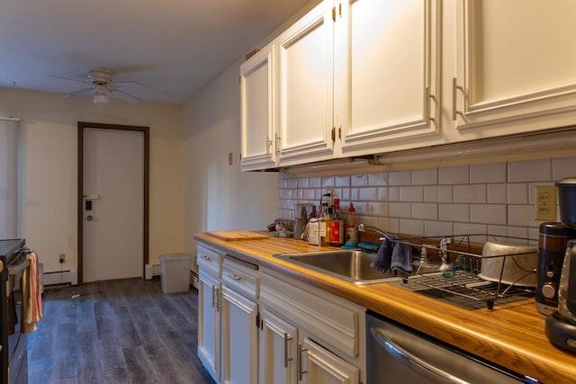 4536 Cedar Lake Rd S Unit 3, Saint Louis Park, MN 55416 - kitchen with a ceiling fan, backsplash, white cabinets, a sink, and dark wood-style flooring