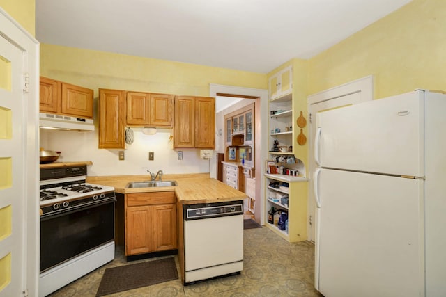 1757 Minnehaha Ave W, Saint Paul, MN 55104 - kitchen with white appliances, under cabinet range hood, a sink, open shelves, and butcher block countertops