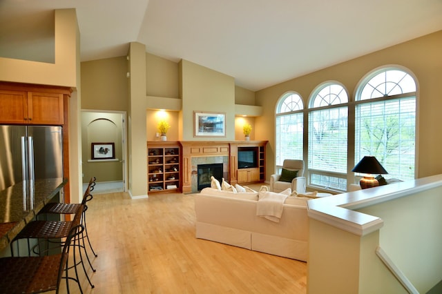 13258 Derryglenn Ct, Rosemount, MN 55068 - living area featuring plenty of natural light, light wood finished floors, a tiled fireplace, and high vaulted ceiling