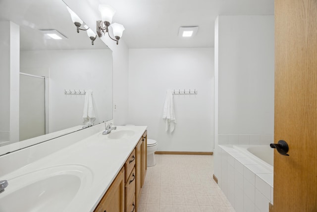 640 Falcon Ridge Rd, Woodbury, MN 55125 - bathroom with a shower stall, double vanity, toilet, tiled bath, and tile patterned floors