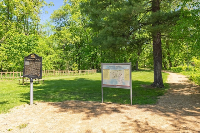 view of property's community featuring a lawn and fence