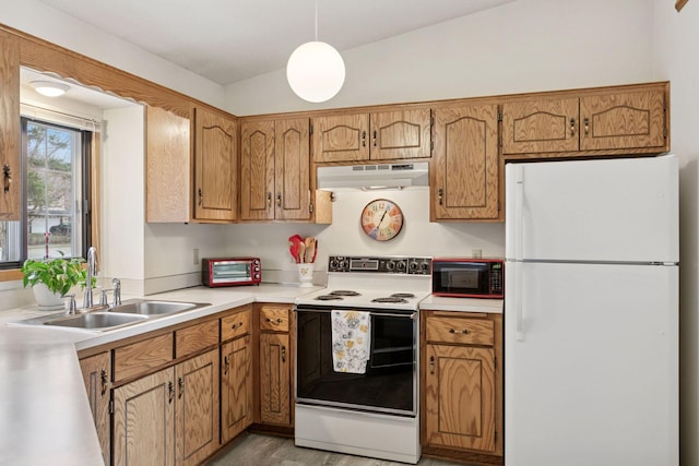 kitchen with a sink, brown cabinets, white appliances, light countertops, and under cabinet range hood