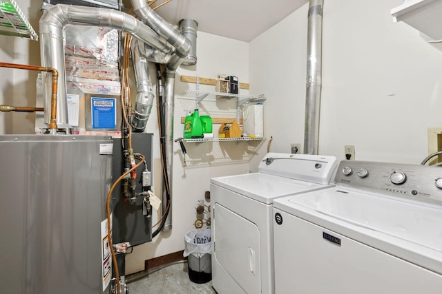 washroom featuring water heater, laundry area, and washer and clothes dryer