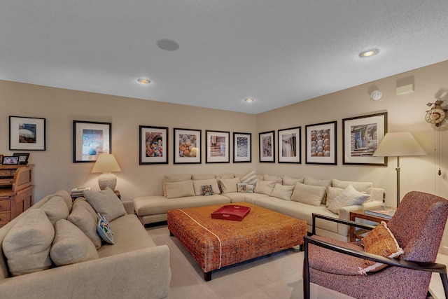 carpeted living room featuring recessed lighting