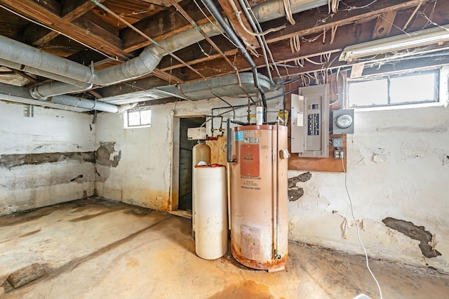 below grade area with gas water heater and electric panel