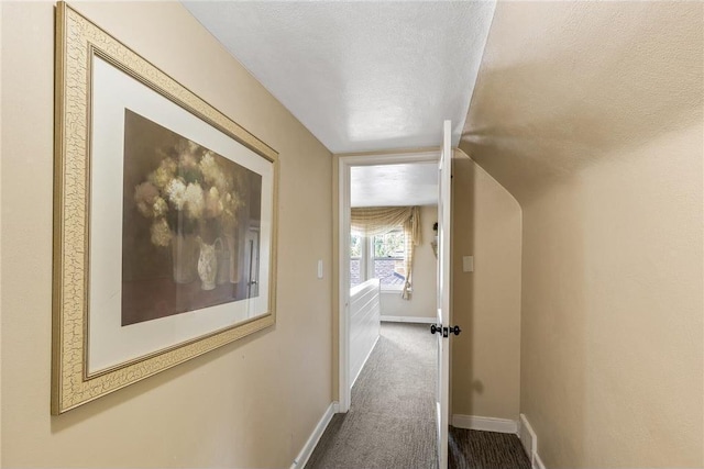 2411 Mcmenemy St, Little Canada, MN 55117 - hall featuring dark carpet, a textured ceiling, baseboards, and vaulted ceiling