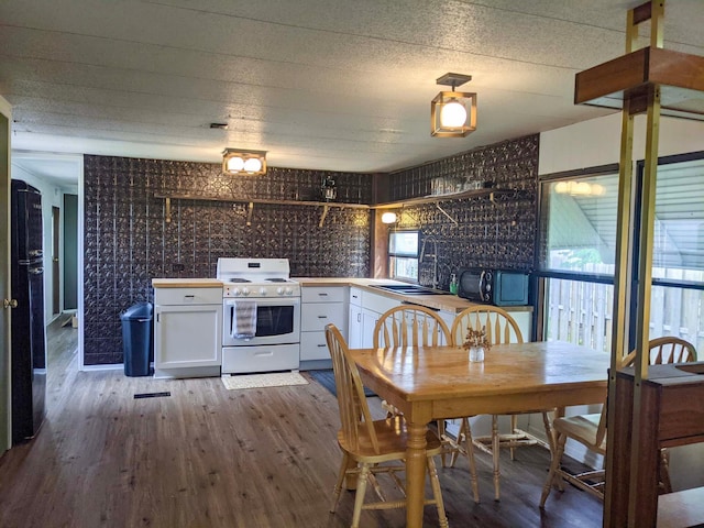 513 5th Ave, Ironton, MN 56455 - kitchen with white electric range, white cabinets, wood finished floors, and black microwave