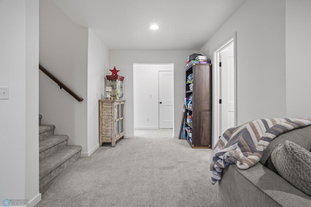 5497 11th St W, West Fargo, ND 58078 - interior space featuring baseboards, recessed lighting, stairs, and light colored carpet