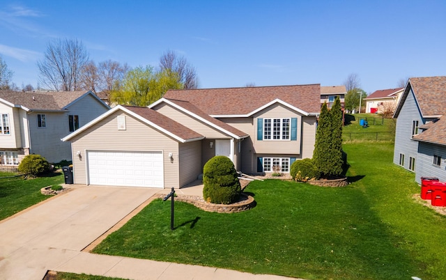 view of front of house with a garage, a front lawn, a shingled roof, concrete driveway, and a residential view