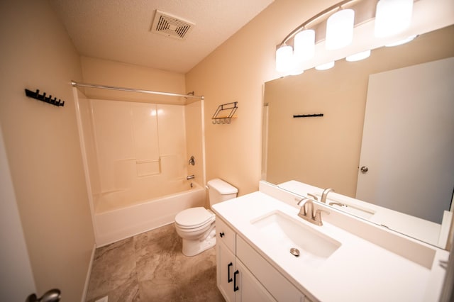full bath with vanity, shower / bathtub combination, toilet, a textured ceiling, and visible vents