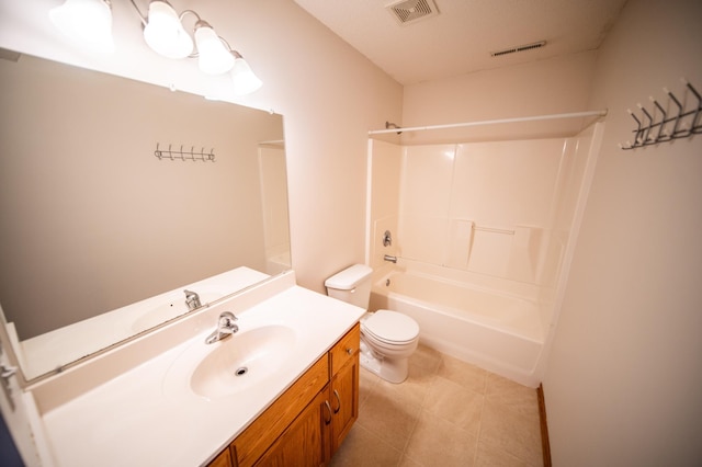 bathroom featuring visible vents, bathing tub / shower combination, toilet, and vanity