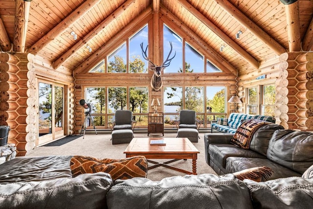 10001 Tomahawk Ln, Ray, MN 56669 - living area featuring high vaulted ceiling, rustic walls, wood ceiling, beamed ceiling, and carpet flooring