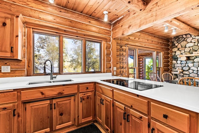 10001 Tomahawk Ln, Ray, MN 56669 - kitchen featuring black electric cooktop, a sink, log walls, wood ceiling, and light countertops