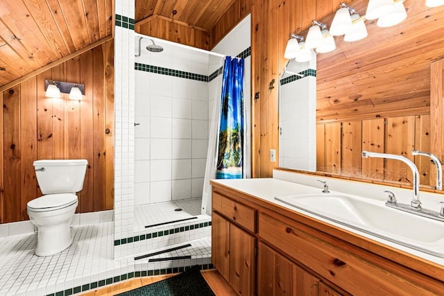 10001 Tomahawk Ln, Ray, MN 56669 - bathroom with vaulted ceiling, wooden walls, wood ceiling, toilet, and tiled shower