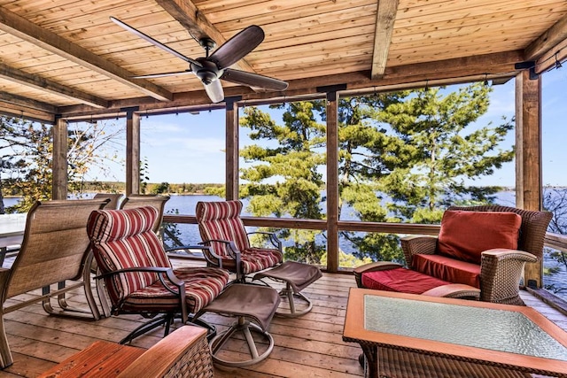 10001 Tomahawk Ln, Ray, MN 56669 - sunroom / solarium with hardwood / wood-style floors, plenty of natural light, beam ceiling, wood ceiling, and ceiling fan