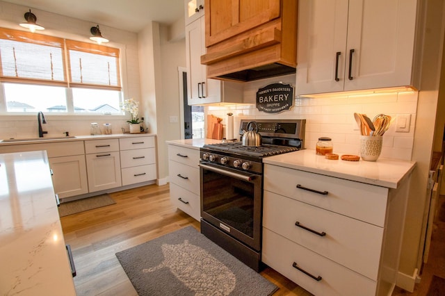 8825 Meadowlark Pkwy, Horace, ND 58047 - kitchen with light wood-style flooring, a sink, gas stove, custom range hood, and decorative backsplash