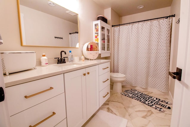 8825 Meadowlark Pkwy, Horace, ND 58047 - full bathroom featuring curtained shower, vanity, marble finish floor, and toilet