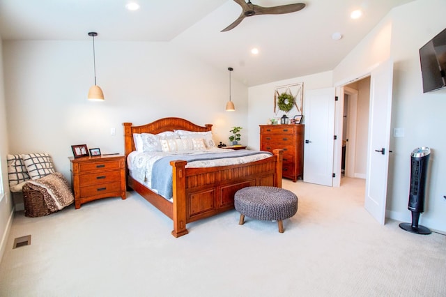 8825 Meadowlark Pkwy, Horace, ND 58047 - bedroom with visible vents, recessed lighting, vaulted ceiling, and light carpet
