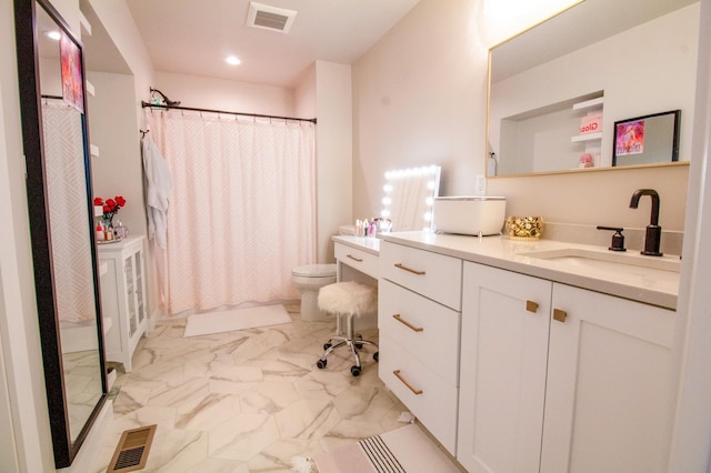 8825 Meadowlark Pkwy, Horace, ND 58047 - bathroom featuring curtained shower, visible vents, marble finish floor, and toilet